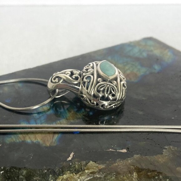 Sterling Silver 925 Chunky Bali Style Scrollwork Turquoise Pendant Necklace 18" - Picture 3 of 16